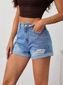 SHEIN Tall Women's Distressed Denim Shorts, Casual Form-Fitting, Blue High Waisted Shorts  Women Summer Outfits Summer Outfits For Women Summer Shorts Women Shorts High Waisted Shorts Tall Women Clothes Tall Women Jorts Women Shorts Jeans Shorts