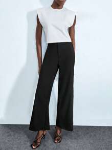 Lumivelle Women's 2 Pieces Casual Set, Basic White T-Shirt And Black Wide-Leg Pants - Black and White - View 4