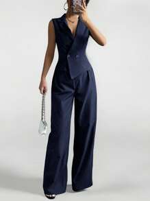 SHEIN PETITE Setelan Musim Gugur Dua Potong 2pcs/Set Wanita Atasan Tanpa Lengan dan Celana Warna Polos, Pakaian Musim Gugur Biru Tua, Wanita Bertubuh Mungil - Navy Blue - View 9