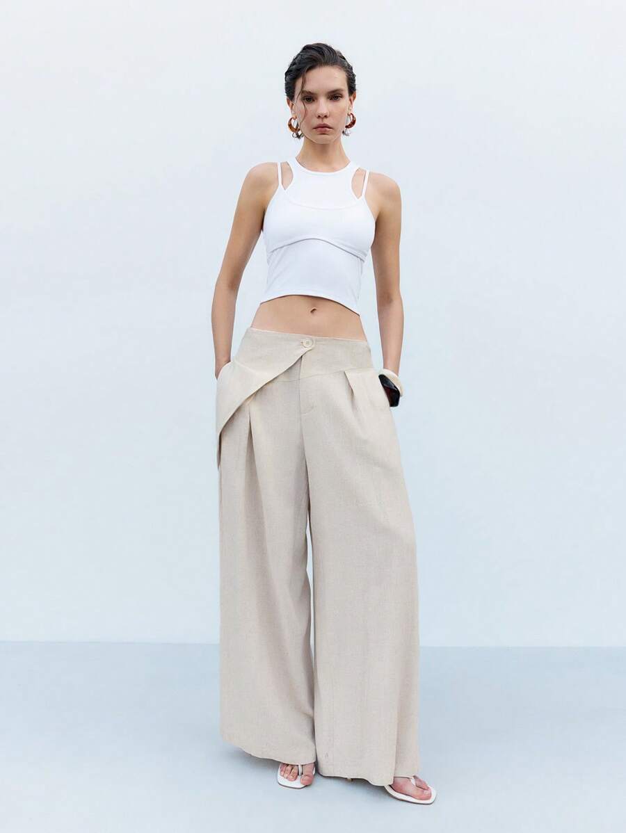 LYSMO 阔腿百褶裤，亚麻质感极简宽松飘逸裤，休闲春夏 - 杏色 - 查看 1