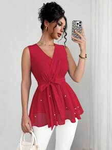 Elenzga Blusa elegante francese con scollo a V incrociato, senza maniche, vita stretta, in tessuto trasparente a rete con decorazione in perle, con fondo ampio e svasato