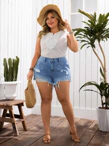 SHEIN LUNE Plus Size Casual Washed Distressed Denim Shorts - Light Wash - View 4