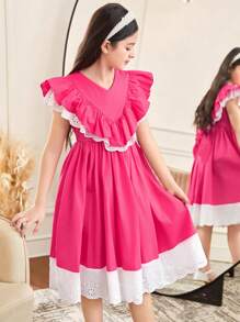 SHEIN Tween Girl Elegant Lace Ruffle Round Neck Short Sleeve Dress - Hot Pink - View 6