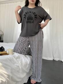 Dazy Plus Letter Print Loose Top And Striped Pants Pajama Set - Grey - View 3