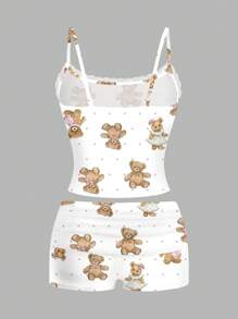 SHEIN Essnce 2pcs/Set Casual Cute Bear Print Camisole Crop Top And Shorts Set, Plus Size, Suitable For Summer - Multicolor - View 4