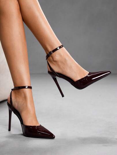 CUCCOO SZL Tacones altos de mujer de color vino tinto con puntera abierta, tacón delgado y decoración con hebilla