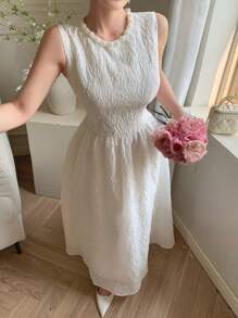 DAZY Summer Casual Elegant Faux Pearl 3D Decor Lace Jacquard Midi Slip Dress With High-End Feminine Vibe For Women,Dress For Wedding