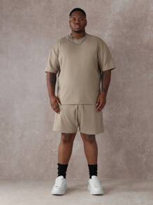 SUMWON Conjunto de dos piezas de talla grande premium, de felpa francesa gruesa de manga corta, casual, para entrenamiento, de verano y primavera