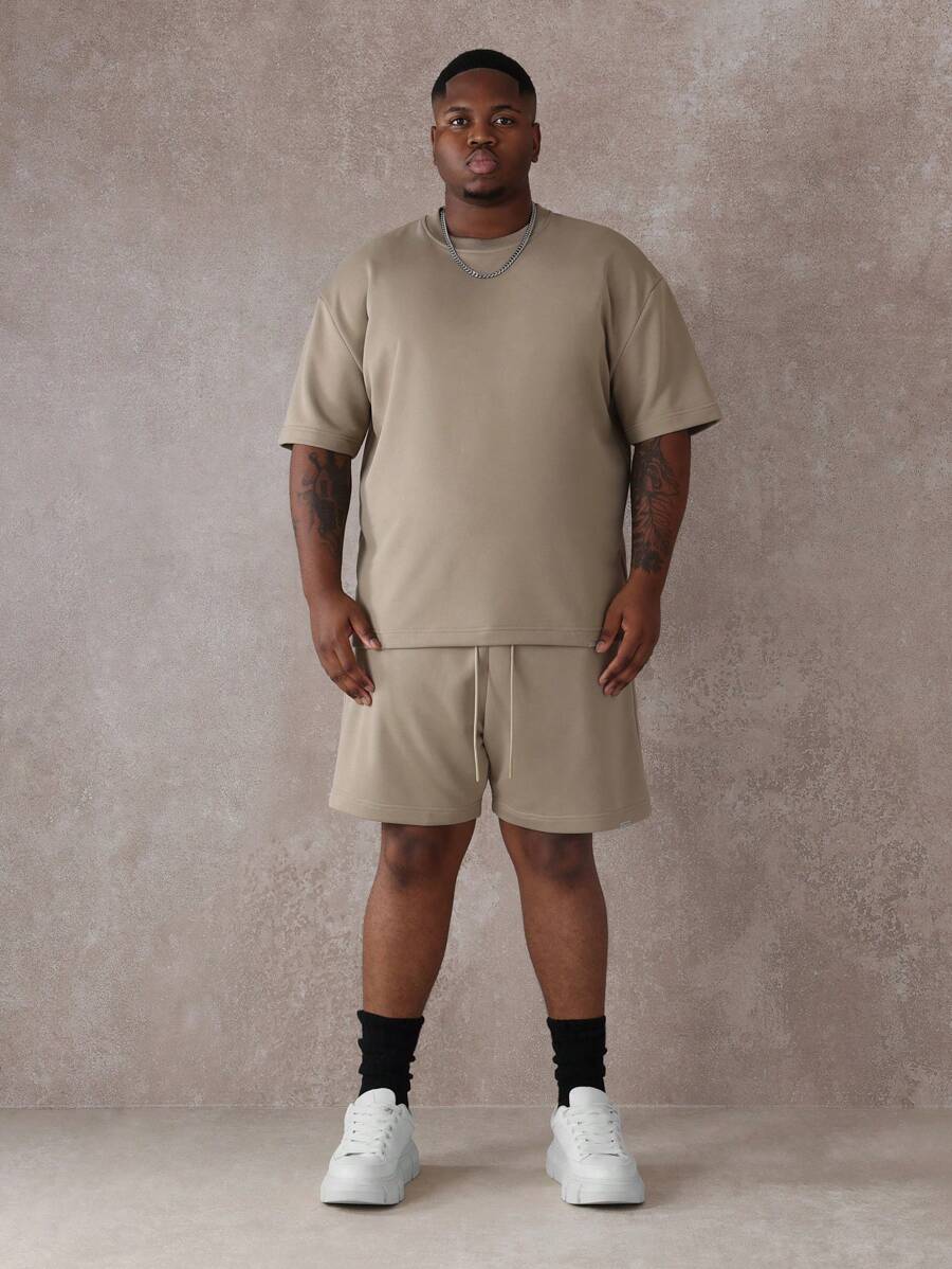 SUMWON Conjunto de dos piezas de talla grande premium, de felpa francesa gruesa de manga corta, casual, para entrenamiento, de verano y primavera