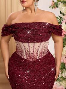 Glamrae Robe de soirée longue de luxe avec épaules transparentes et cristaux strass à la taille, look sirène pailleté élégant, parfait pour une invitée de mariage