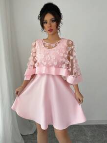 Elenzga 女士优雅纯色雪纺围巾领连衣裙 - 粉色 - 查看 3