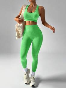 Gameset SHEIN Sport 女士纯色吊带背心和紧身裤运动套装 女士运动套装 健身套装 - 獵人綠 - 查看 4