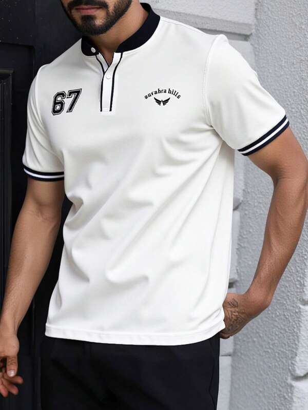 Manfinity Homme Tricou polo pentru bărbați, cu bordură în contrast, mânecă scurtă, minimalist și la modă, potrivit pentru vară