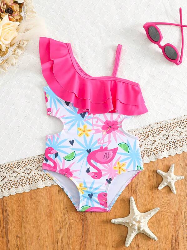 Costum de baie pentru fetiță, vacanță, plajă, cu volane, cu decupaj asimetric, cu imprimeu tropical
