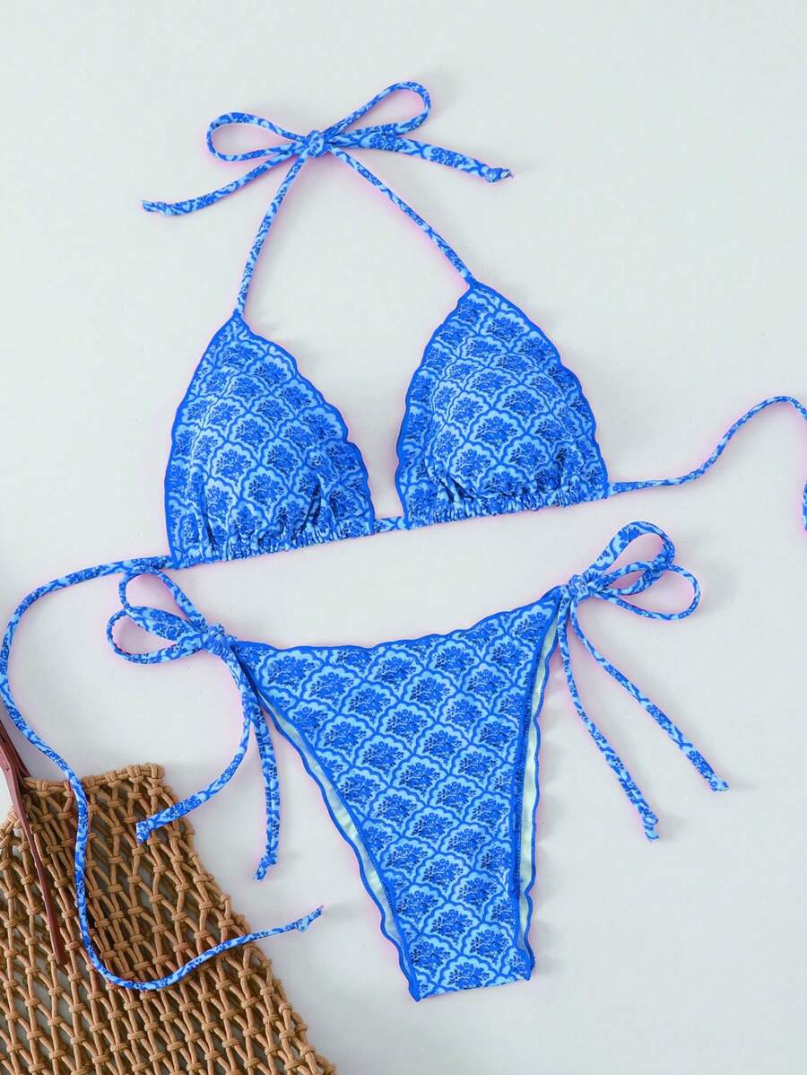 Swim Mod Women Summer Random Floral Print Spaghetti Strap Ruffled Crop Top And Side Tie Beachwear Bikini Set