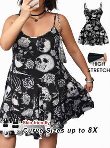 SHEIN CURVE+ Casual Minimalist Skeleton Print Sleeveless A-Line Hem Summer Mini Dress, Black & White Skeleton Graphic Music Festival Dress - Black and White - View 9