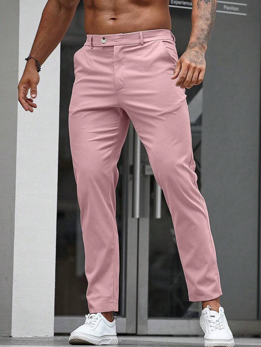 Manfinity Homme Men's Pink Cropped Suit Pants: Woven Fabric Dress Pants With Zipper Detail
