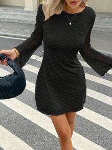 Serisse Women's Crew Neck Long Sleeve Fitted Mid-Length Dress,Summer Dresses For Women Winter Elegant Black