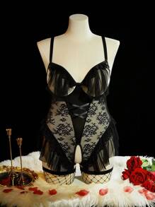 SpicyHot Set de 3 piezas de ropa interior tipo lencería de talla grande con aplicaciones de encaje - Negro - Ver 1