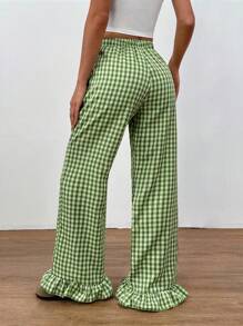 Flirla Women's Casual Green Plaid Linen Patchwork Ruched Hem Low-Waisted Side Pockets Straight Loose Pants, Minimalist Elegant Design For Spring/Summer Fall Cloth For Women