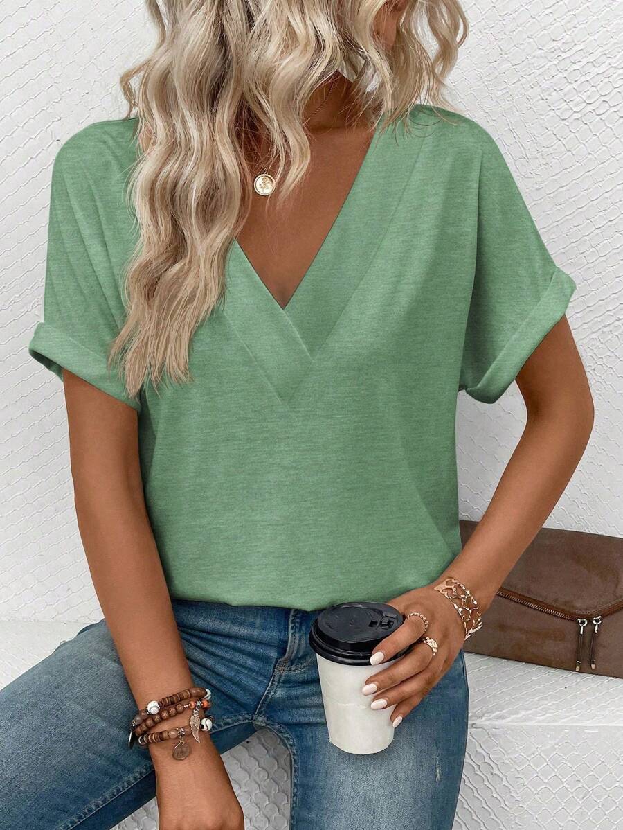 EMERY ROSE Camiseta de manga murciélago de color liso casual de verano - Verde - Ver 1