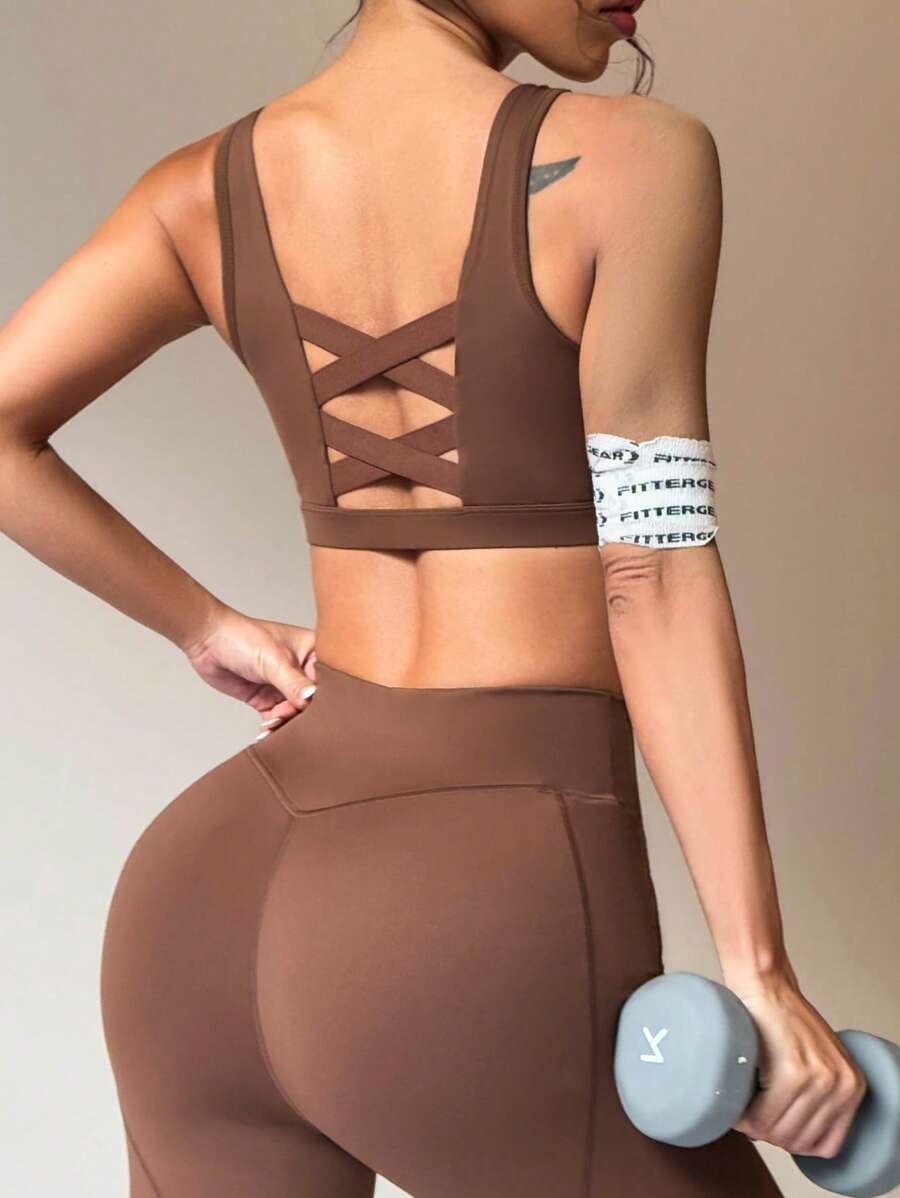 SHEIN Sports 1 sutien sport Mocha Crisscross cu bretele, antrenament de fitness yoga - cafea maro - Vizualizare 1