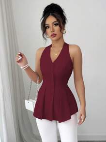 Elenzga Áo sơ mi nữ dáng chữ A không tay xếp ly cổ chữ V cài nút phía trước, giản dị, phù hợp cho công sở, đi nghỉ, mùa xuân/hè - Màu Đỏ Sâu - Xem 3