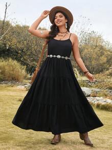 SHEIN LUNE Plus Size Women Sleeveless Black Adjustable Backless Cinched Waist Waist Casual Vacation Dress