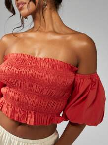 MISSGUIDED Blusa de hombros descubiertos con volantes, parte superior corta con mangas abullonadas para festival, verano, vacaciones, fiesta, playa, Bardot, Navidad - Rojo - Ver 3