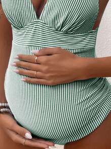 SHEIN Maternity Striped Print Backless One-Piece Swimsuit For Summer - Dark Green - View 4