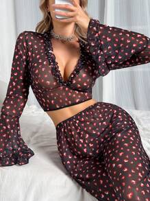 2pcs/Set Women Printed Mesh Deep V Sexy Lingerie Set - Black - View 5