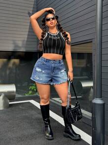 SHEIN ICON 大码女式休闲口袋磨破洗水牛仔短裤 - 深色水洗藍 - 查看 3