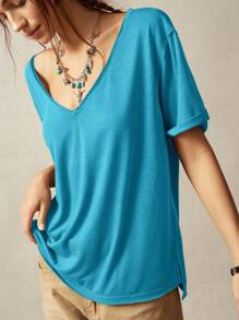 Bohemela Áo thun nữ tay ngắn cổ chữ V màu trơn đơn giản rộng rãi - Màu xanh ngọc - Xem 4