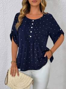 EMERY ROSE Plus Size Women's New Polka Dot Printed Round Neck, Toothpick Buttons Decor, Half Sleeve Adjustable Loose Elegant Casual Shirt - Multicolor - View 6