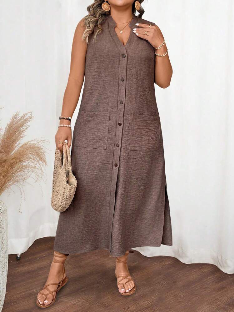 Linhara Plus Size Women's Casual Single-Breasted Double Pocket Holiday Vacation Dress - Brown - View 8