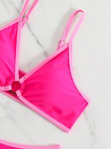 SHEIN Swim Summer Holiday Beach Strap Detail Hollow Circle Trimmed Spaghetti Strap Bikini Set - Pink - View 6