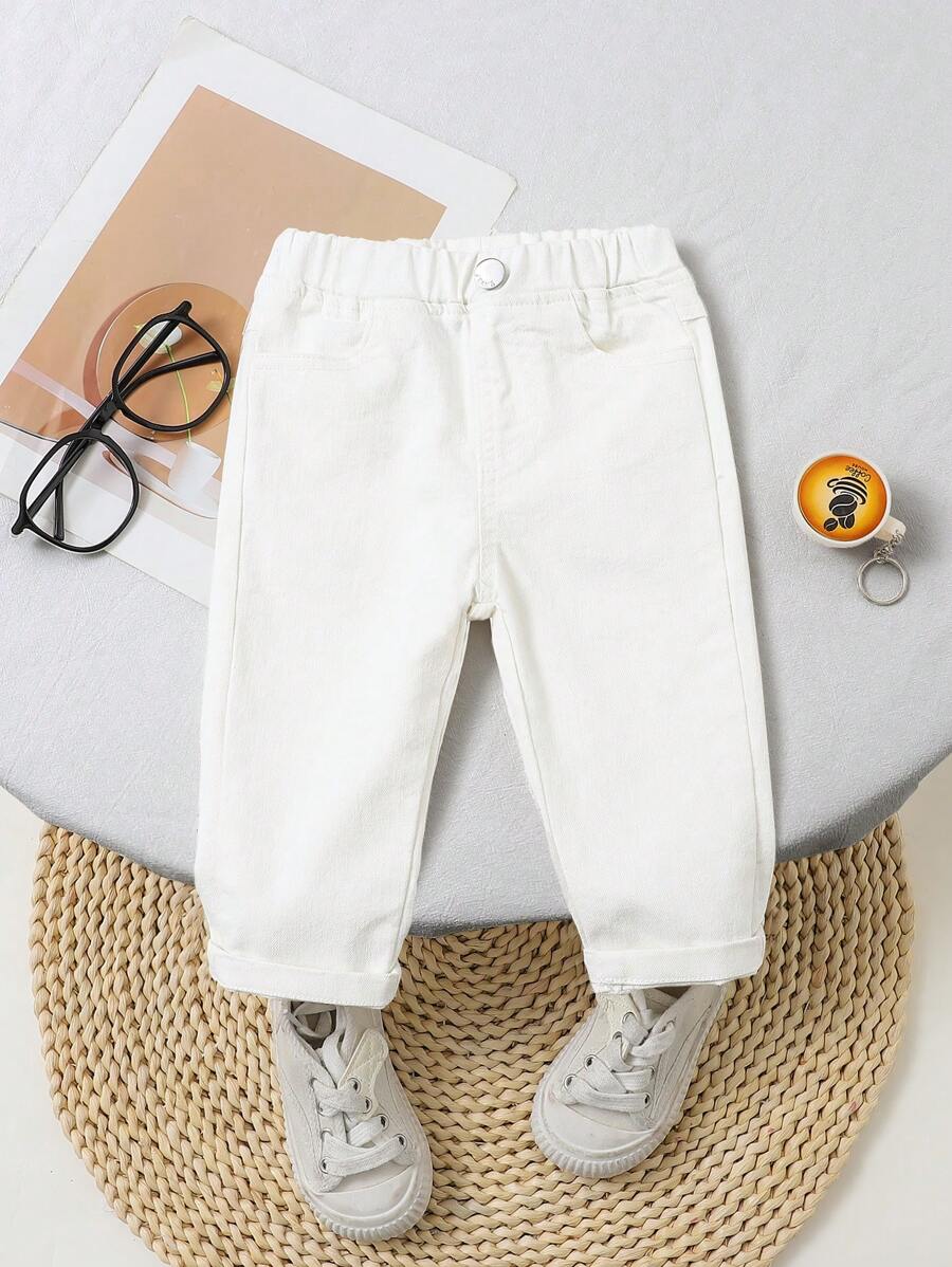 SHEIN Playful Pals Baby Boys' Casual Soft Washed Distressed Stretchy Basic Denim Pants, Thin, Suitable For All Seasons - White - View 1