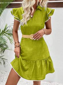 SHEIN LUNE Women's Resort Casual Contrasting Trim Ruffle Cap Sleeve Mini Dress - Green - View 6