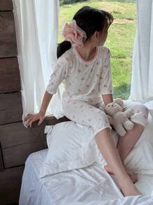 DAZY 2pcs/Set Tween Girls Cartoon Bear Print Short Sleeve Top And Pants Pajama Set,Girls Summer Outfits,Back To School Clothes