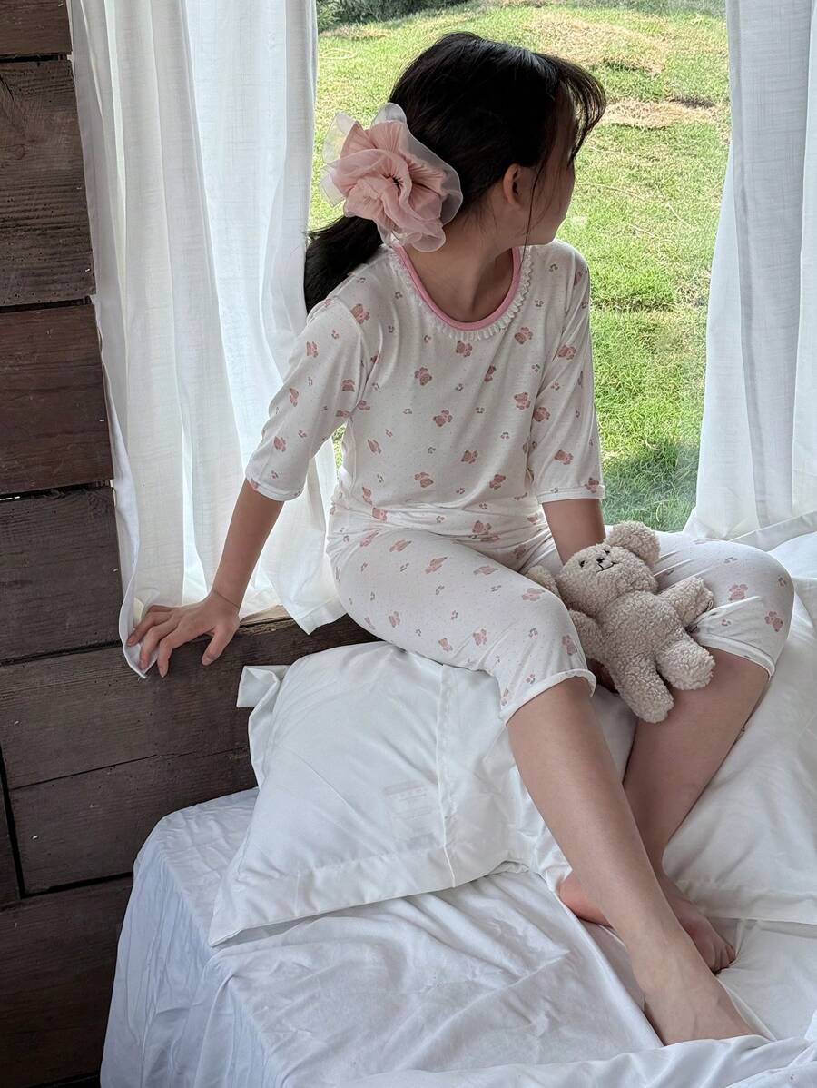 DAZY 2pcs/Set Tween Girls Cartoon Bear Print Short Sleeve Top And Pants Pajama Set,Girls Summer Outfits,Back To School Clothes