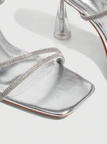 CUCCOO SZL Sandalias de mujer con puntera cuadrada y cadena de strass plateados, zapatos de vestir con tacón grueso transparente, tacones altos - Plateado - Ver 8