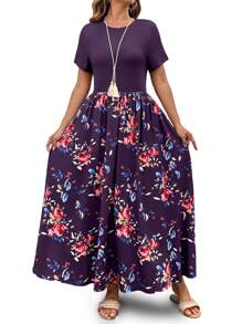 SHEIN Clasi Vestido casual de punto con flores y bolsillos laterales para mujer de talla grande, con cintura favorecedora, apropiado para el día a día y vacaciones en la playa