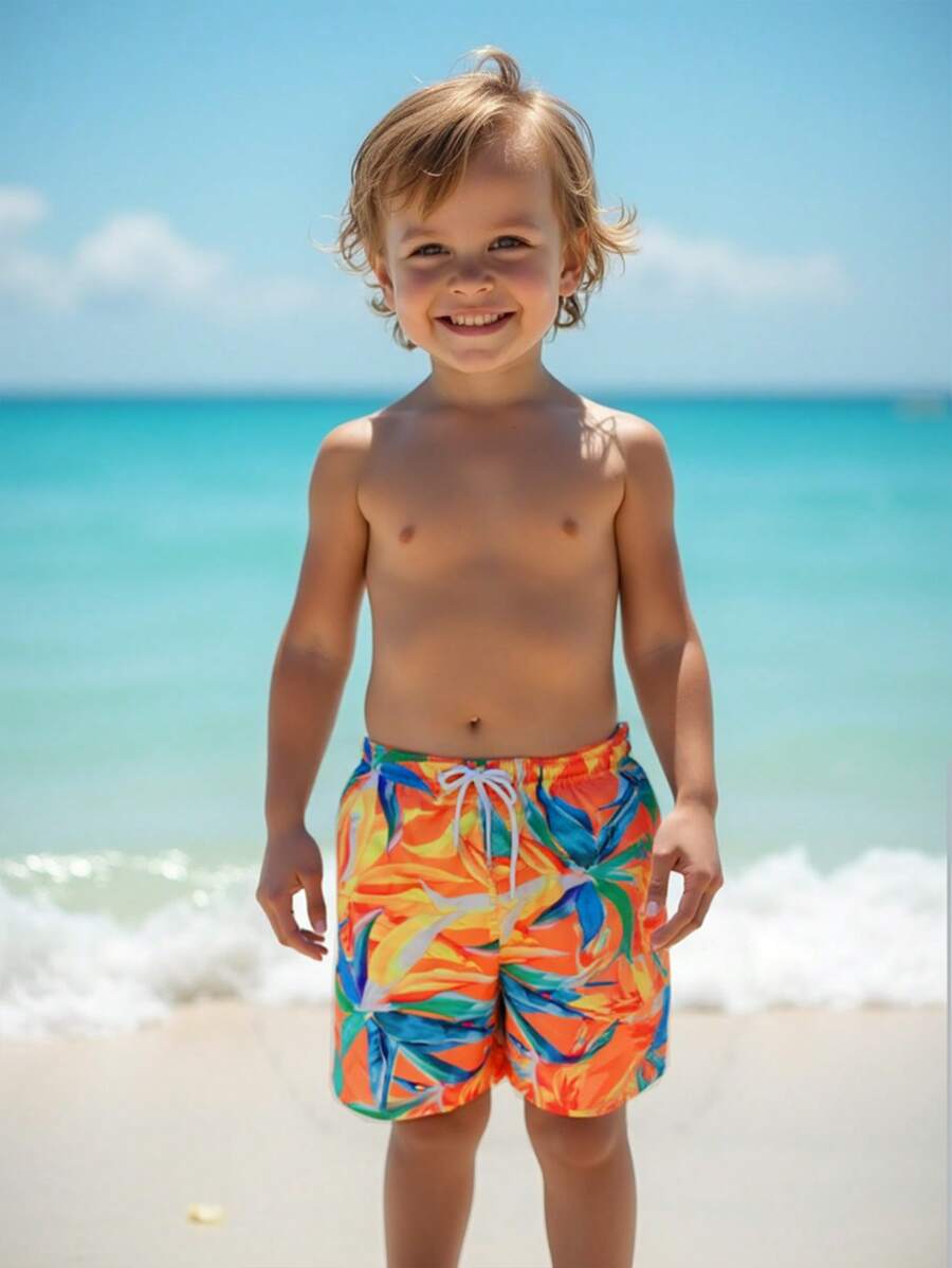 SHEIN Young Boy Casual Random Orange Print Beach Style Swimming Trunks - Orange - View 1