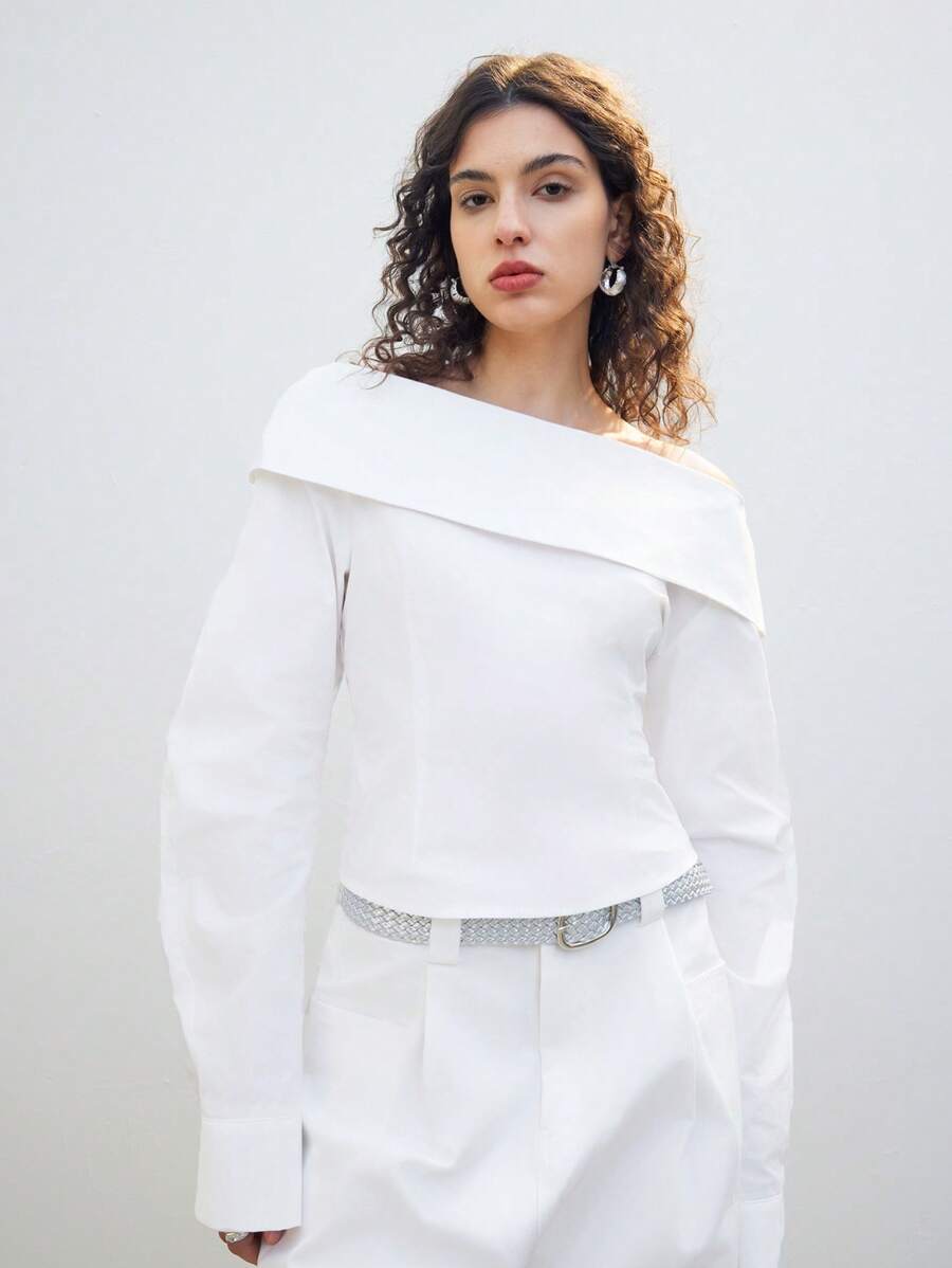 LYSMO 女士白色露肩双面衬衫 - 春夏