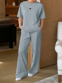 DAZY Minimalist Cute Cartoon Print Raglan Sleeve Loose Homewear Set Pajama - Blue - View 4