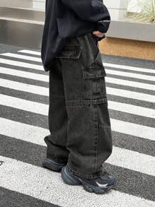 SHEIN 小男孩街头酷炫复古宽松蓝色牛仔工装裤，休闲百搭，适合儿童日常穿着和街头服饰