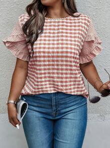 SHEIN LUNE Plus Size Women's Round Neck Casual Woven Plaid Ruffled Blouse - Multicolor - View 1