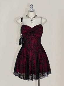 SHEIN ICON Plus Size Square Neck Ruched Lace Color Block Slip Dress, Y2K Party Dress, Halloween, Halloween Costume - Burgundy - View 3