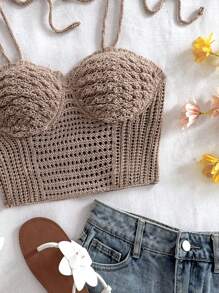 Soleia Top de punto minimalista y liso para mujer, adecuado para uso diario, vacaciones en la playa, primavera y verano, apto para otoño/invierno - Caqui - Ver 7
