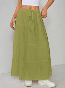SHEIN PETITE Women Solid Color High Waist Tie Ruffled Hem Maxi Skirt - Green - View 3